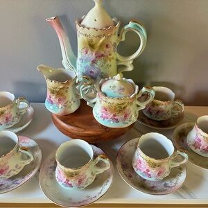 RARE Vintage RS Germany Floral Porcelain Tea Set 15-Piece Pastel Roses Gold